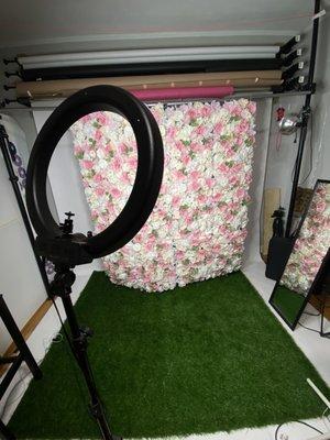 Pink and White rose wall with faux grass floor