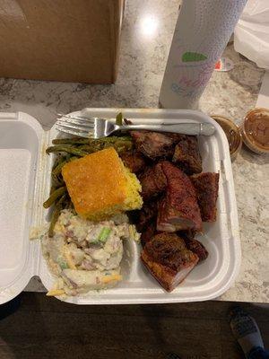 Rib tips with potato salad, green beans and cornbread!