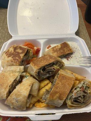 Lamb gyro plate with French fries, tzatziki sauce, and mixed veggies (carrots, cauliflower, celery)