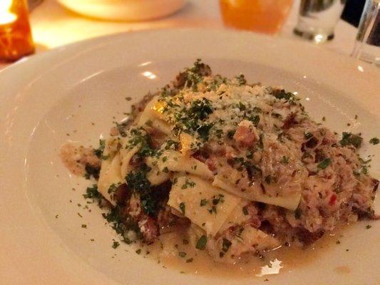 FLORA RESTAURANT hand-cut pappardelle with rabbit, chanterelle, pancetta rage, lemon, and Parmigiano reggiano. Delicious hearty dish.