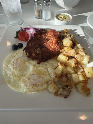 Eggs and corned beef hash.