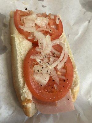 Ham and baloney with tomato and onion.