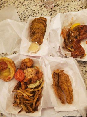 Fried green tomatoes, fried Hennessy wings, fried catfish, fried shrimp/lobster sandwhich