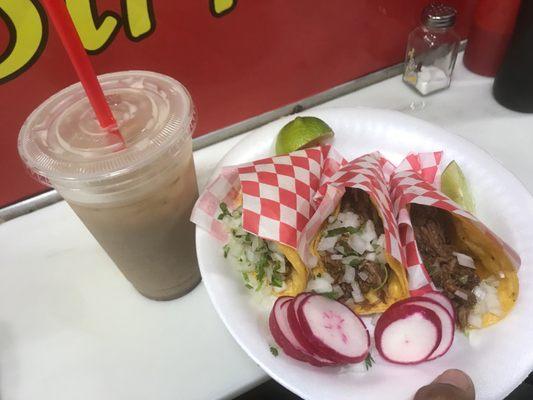 Birria tacos and orchata