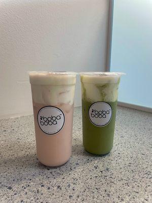 Rose Milk Tea and Matcha Milk Tea with Cheese Foam