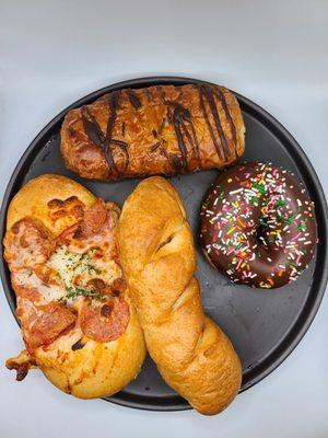 Chocolate croissant, sprinkle donut, Hokkaido frank, pepperoni cheese focaccia