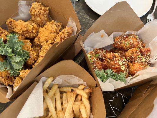 Delicious French fries and chicken wings