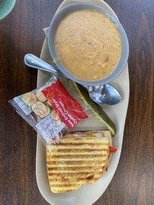 Shrimp and corn chowder and baked chicken panini