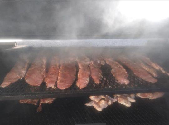 The meat being smoked