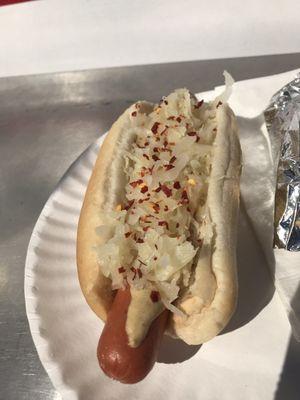 Dog w sauerkraut, mustard and chili peppers!