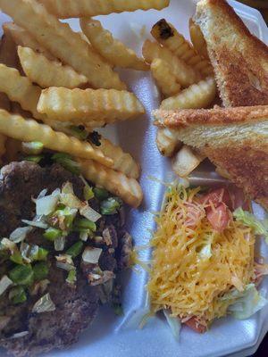 Hamburger steak with grilled onions and peppers, tossed salad, ff, Texas toast