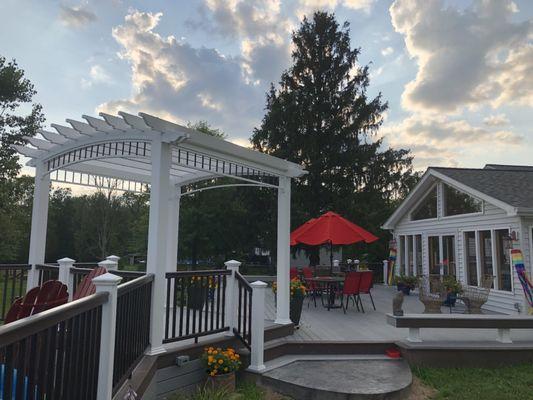 New pavilion outdoor kitchen, outdoor living room, pergola, decking in Cleveland, OH.