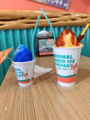 Pina colada and blue coconut shaved ice and regular size Mangonada Extreme.