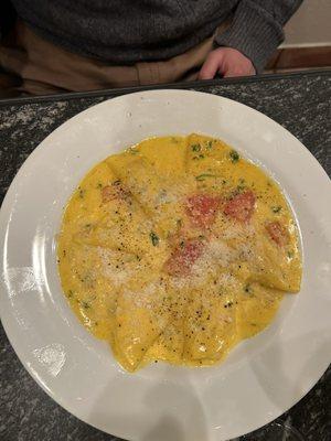 Ravioli Mezze Lune all ' Aragosta  My boyfriend thoroughly enjoyed this dish! He loved the saffron sauce!