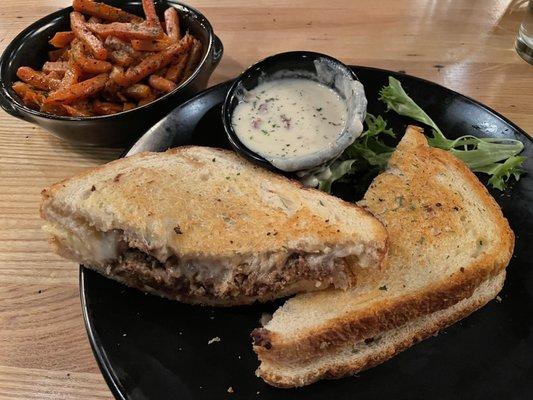 Beef meatball grilled cheese with a bacon Gouda dipping sauce with a side of honey carrots