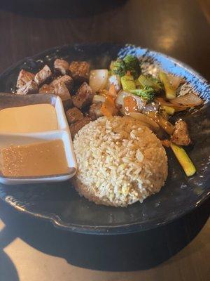 Lunch with fried rice, vegis, and steak