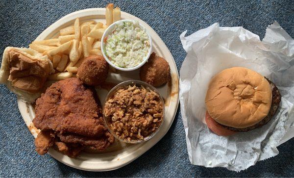 Bbq and fried chicken with fries, slaw, roll, hush puppies and burger. Service is very hit or miss; either quick or they ignore you.