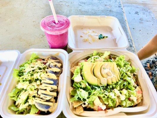 Puhoke bowl, Jackfruit Nachos, and dragonfruit smoothie.