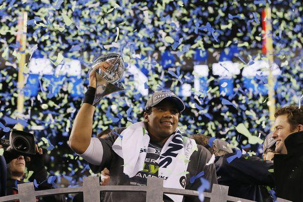 Russell Wilson after the Seattle Seahawks won Super Bowl XLVIII in 2014 (2013 season) at MetLife Stadium in East Rutherford, New Jersey.