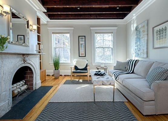 Luxurious living room with exposed beams