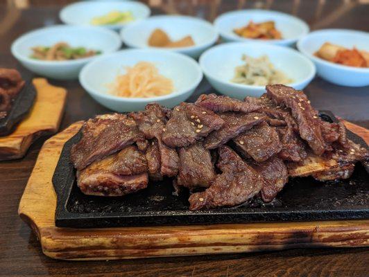 Galbi in foreground, banchan in background