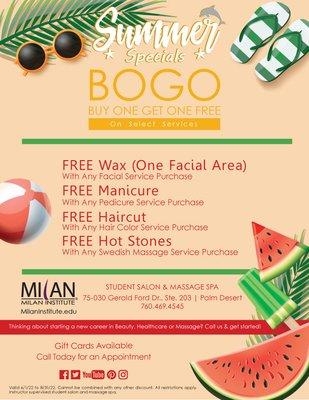 Cool off with these Summer Specials! Visit our Student Salon and Massage Spa, valid 6/1/22 - 8/31/22. 

#MilanInstitute