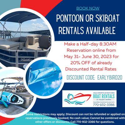 Get 20% OFF of already discounted Morning Rentals from May 31- June 30.  See Flyer or Call 770-932-3366 for more info.