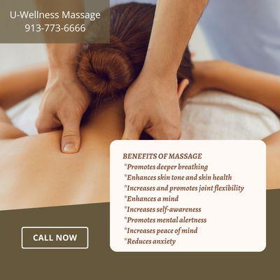 U-Wellness Massage
 10310 State Line Rd, Leawood, KS 66206
 Call us at 913-773-6666