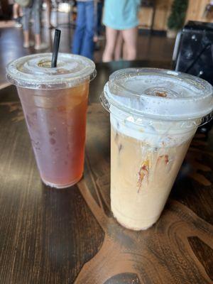 Iced peach tea and salted caramel and chocolate pretzel cold brew with cream and cold foam.