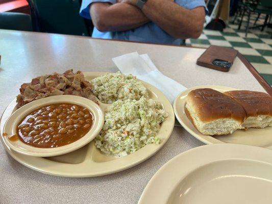 BBQ pork with 2 coleslaws, and beans.