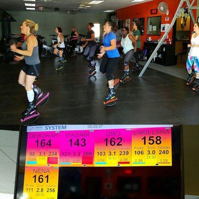 During a Kangoo Jumps class, students using our Heart Zones system to track and monitor their heart rate & calories burned.