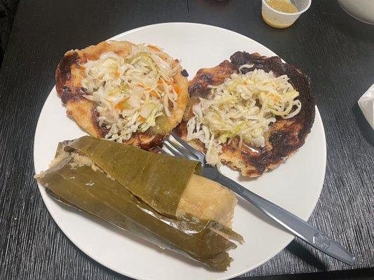 Pork and cheese papusa with chicken tamal.