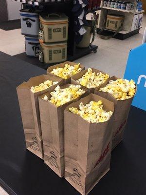 Free popcorn! So tasty. Now I want to shop here rather than Home Depot.