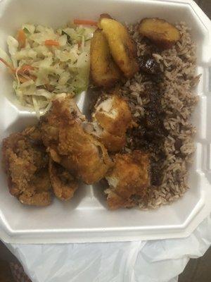 5 piece fried chicken, plantains, cabbage, peas and rice