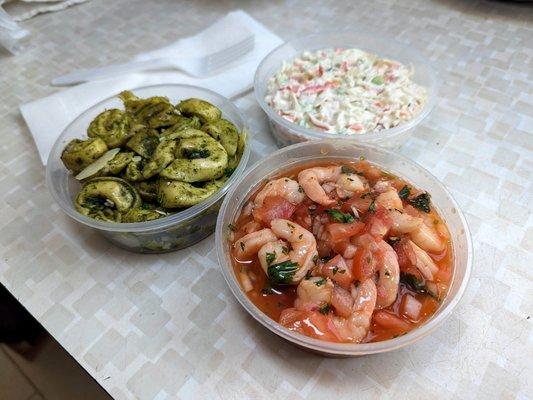 small salads $23, pesto ravioli, imitation crab salad and ceviche.