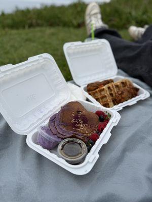 Ube Pancakes and Chicken & Waffles