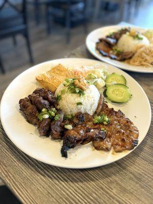 Suon Nuong, thit nuong, tau hu ky (pork chop, grilled pork, & bean curd skin with shrimp paste)