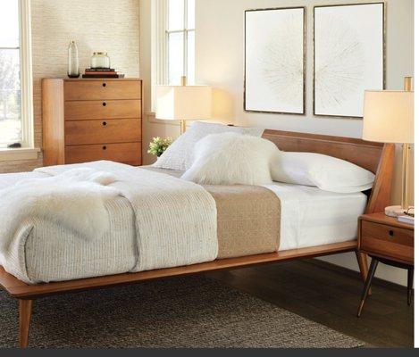 Bolig bed - light walnut stain and Lanson nightstand and high chest.