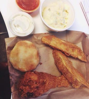 Humongo potato wedges, chicken leg, fried food heaven.