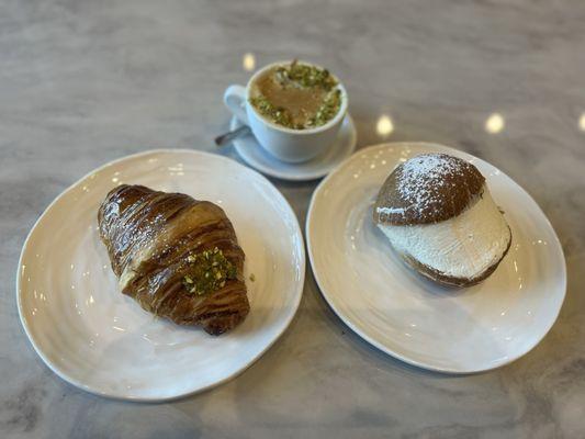 Affogato al caffe w/ pistachio gelato, pistachio croissant and the maritozzi