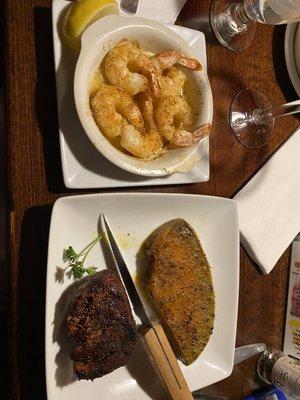 Filet, butternut squash, and shrimp.