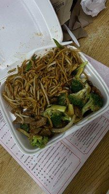 Chicken lo mein and Beef with Broccoli