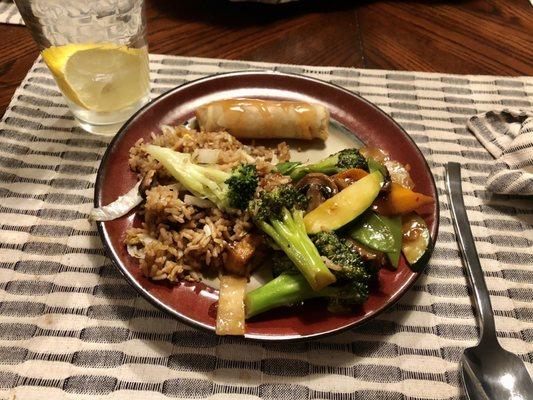 Takeout: tofu and mixed vegetables, vegetable fried rice, and a vegetable spring roll.