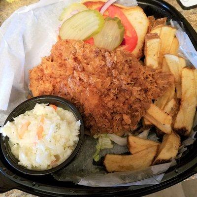 breaded tenderloin, fries, and slaw