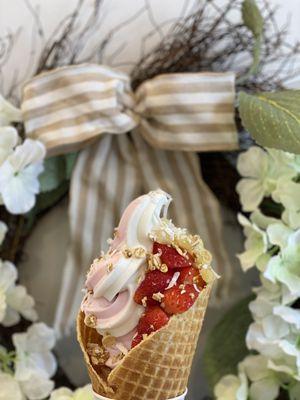 No Sugar Added Wild Strawberry w/ Sweet Susie's Tart! Topped with fresh Strawberries, Pineapple Chunks, Granola & Coconut in a Cone