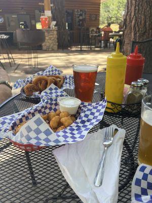 Deck at the creek, basket of fried curds and the Reuben sandwich