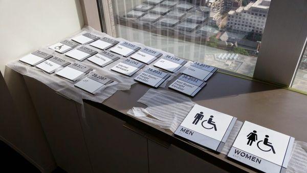 ADA signs on a desk featuring men's and women's wheelchair-accessible signage, designed by The Sign Factory Inc.