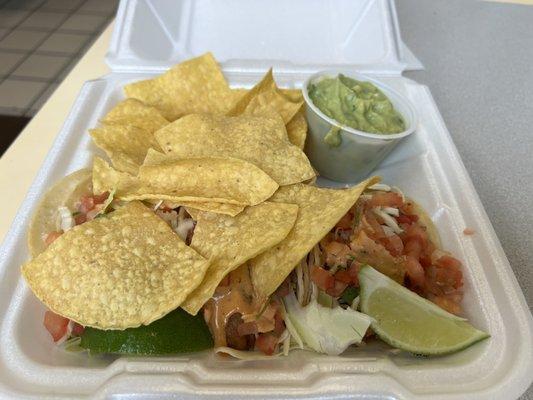 Fish tacos, chips, guacamole