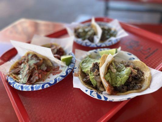 Carne Asada, Adobada, and Cabeza tacos