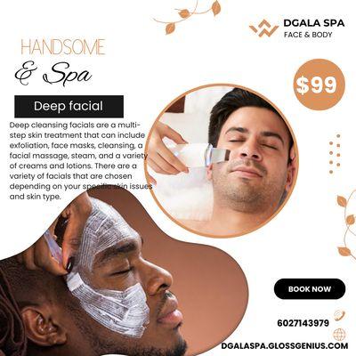 Deep cleaning,exfoliations,extractions,mask and facial massage.